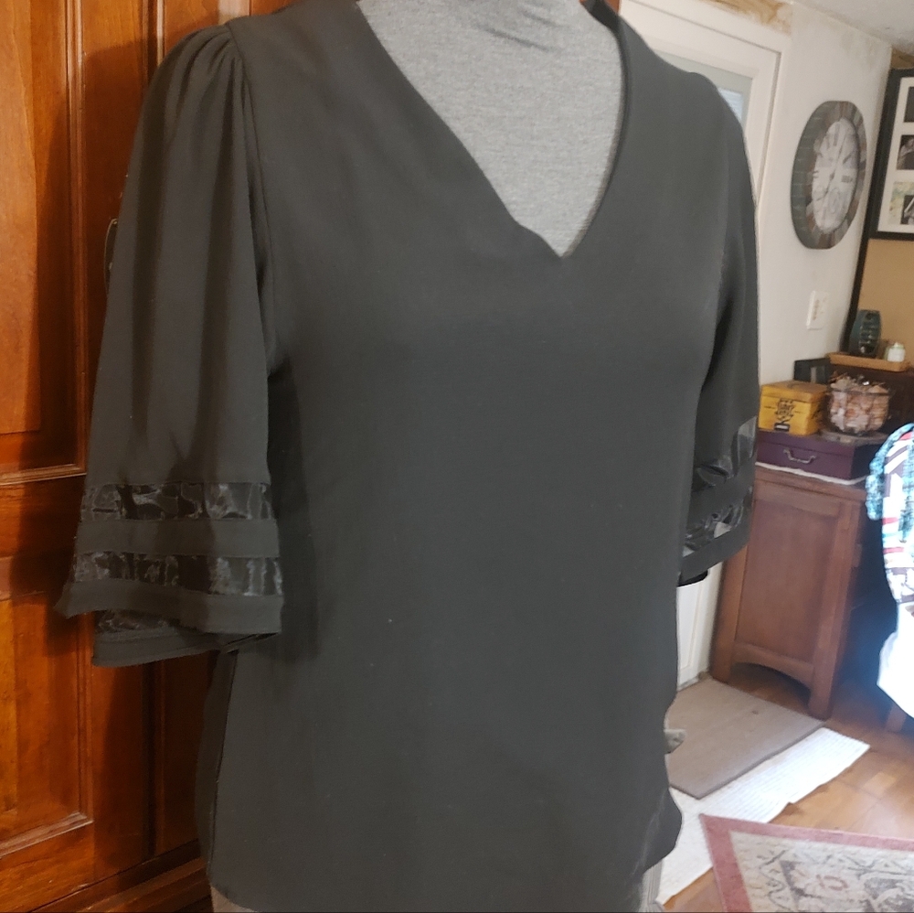 Black V-Neck Blouse with Ribbon-Trim Puff Sleeves